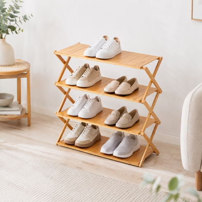 Foldable Bamboo Shoe Rack | 3 & 4-tier Balcony Plant Stand | Space Saving Storage Organizer for Entryway, Bedroom, Bathroom or Balcony