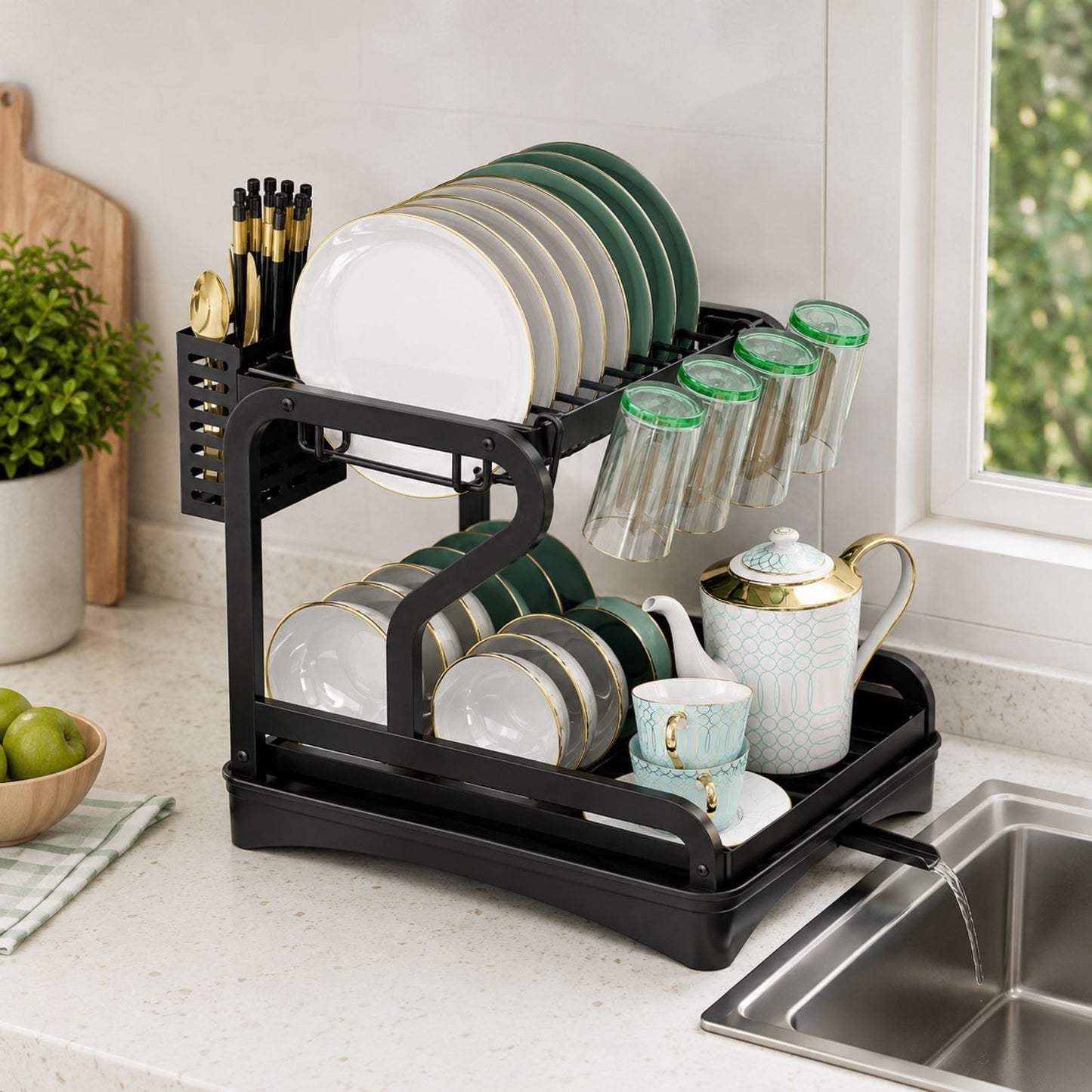 Kitchen Utensil Holder Organizer & Dryer | 2 Tier Dish Drying Rack for Countertop | Anti Rust Dish Drainer Rack with Rotating Drain Swivel Spout