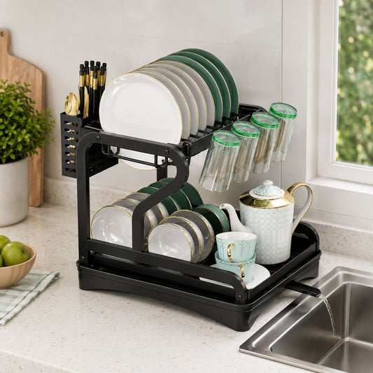 Kitchen Utensil Holder Organizer & Dryer | 2 Tier Dish Drying Rack for Countertop | Anti Rust Dish Drainer Rack with Rotating Drain Swivel Spout