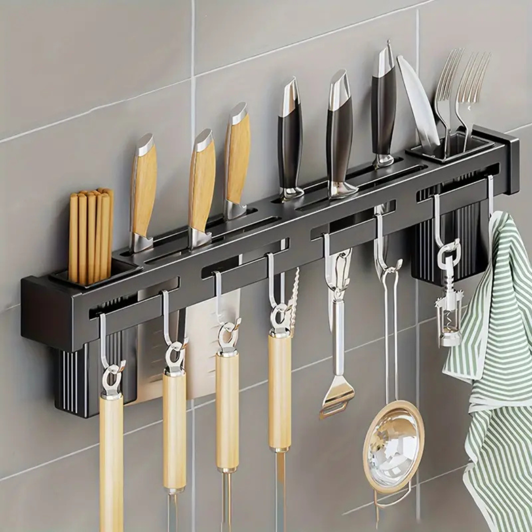 SmileDrive® Kitchen Knife Holder 60cm Wall-Mounted – Punch-Free, Space-Saving Organizer with 4 Tool Frames, 8 Hooks, and Built-in Drainage