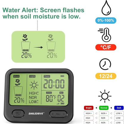 Smiledrive® Wireless Soil ph Monitor-4 in 1 Moisture Meter for Plants measures moisture, ambient light, temperature and time