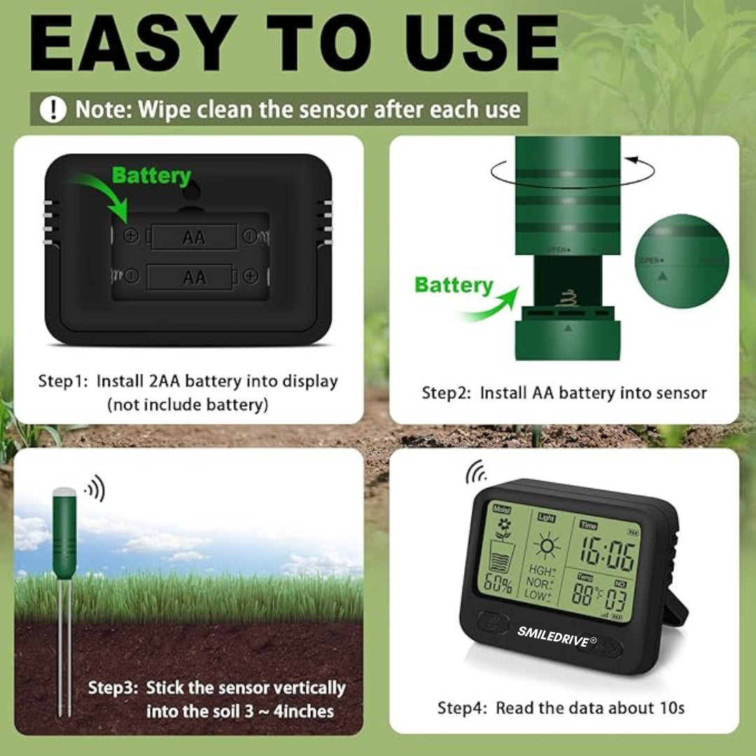 Smiledrive® Wireless Soil ph Monitor-4 in 1 Moisture Meter for Plants measures moisture, ambient light, temperature and time