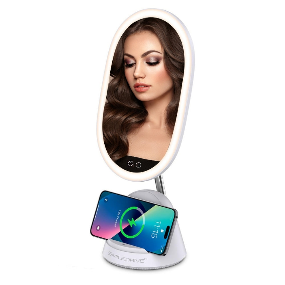 Smiledrive LED Smart Mirror Illuminated Makeup Mirror for desk with built-in Mobile holder cum Wireless Charger