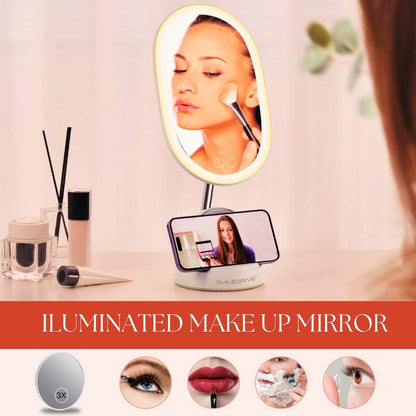 Smiledrive LED Smart Mirror Illuminated Makeup Mirror for desk with built-in Mobile holder cum Wireless Charger