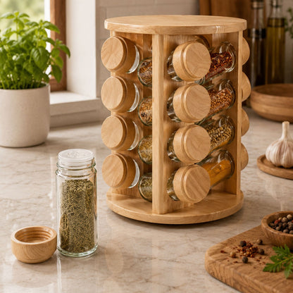 Rotating Spice Rack Wooden Spice Organizer | 5, 12 or 16 Glass Jar with Revolving Stand