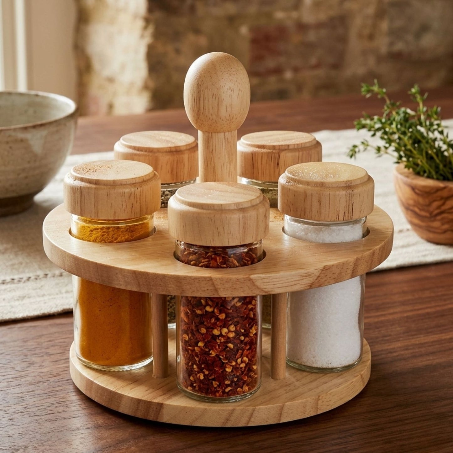Rotating Spice Rack Wooden Spice Organizer | 5, 12 or 16 Glass Jar with Revolving Stand