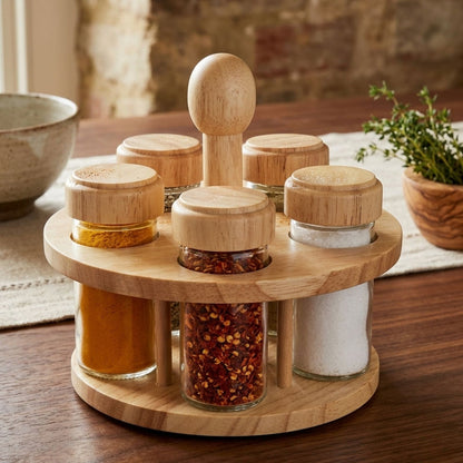 Rotating Spice Rack Wooden Spice Organizer | 5, 12 or 16 Glass Jar with Revolving Stand