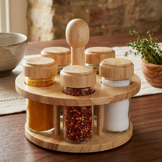 Rotating Spice Rack Wooden Spice Organizer | 5, 12 or 16 Glass Jar with Revolving Stand