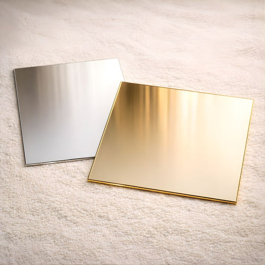 Gold & Silver Reflective Acrylic Display Table Risers for Professional Product Photography – Square 30 × 30 cm – Set of 2 (One Gold, One Silver, One-Sided)
