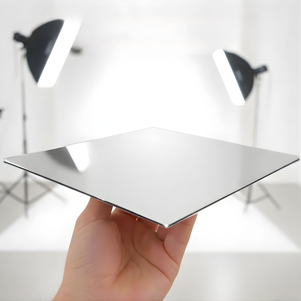 Gold & Silver Reflective Acrylic Display Table Risers for Professional Product Photography – Square 30 × 30 cm – Set of 2 (One Gold, One Silver, One-Sided)
