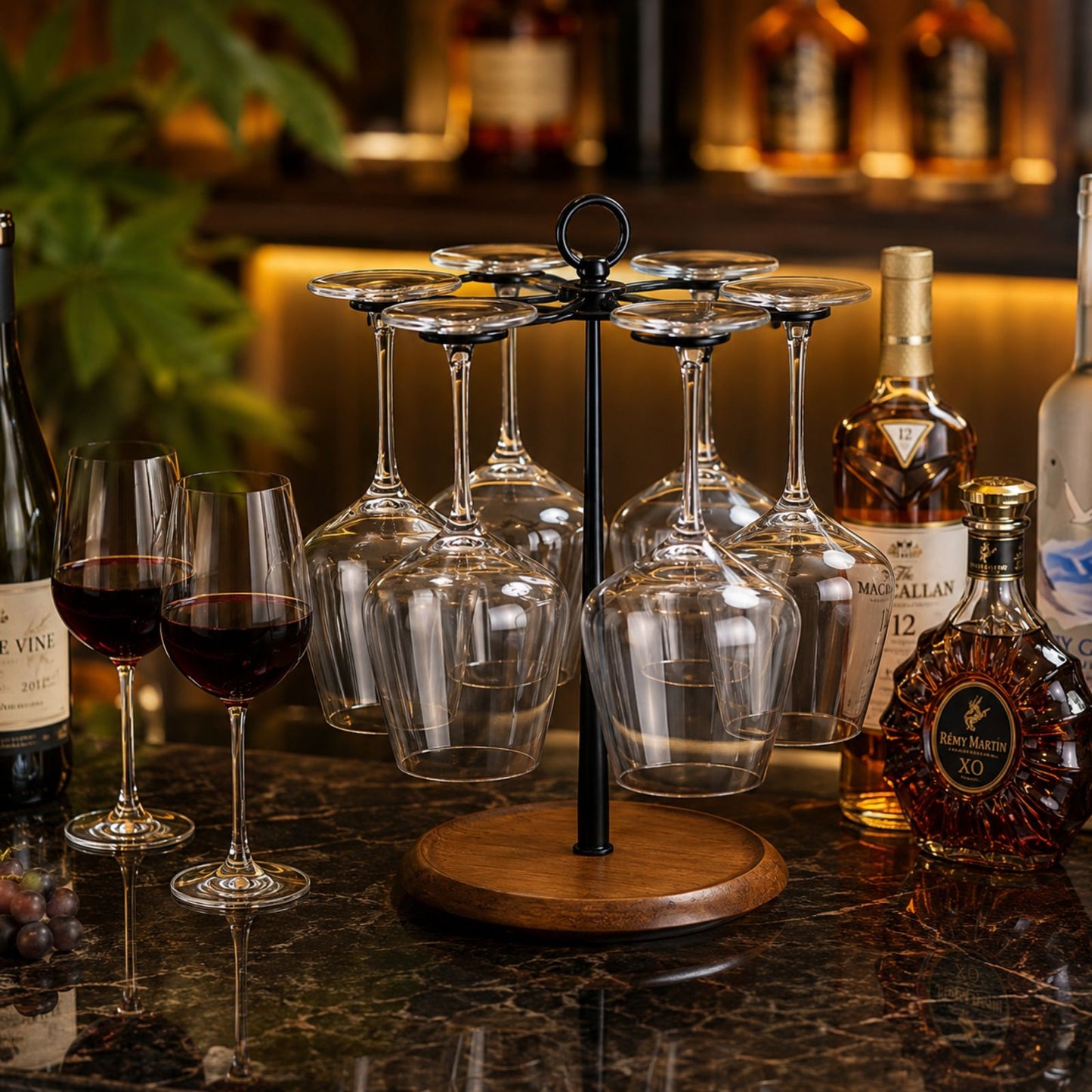 Wine Glass Holder Stand for 6 Glasses | 360° Rotating Wooden Base Stemware Organizer for Home Bar, Kitchen & Dining Table