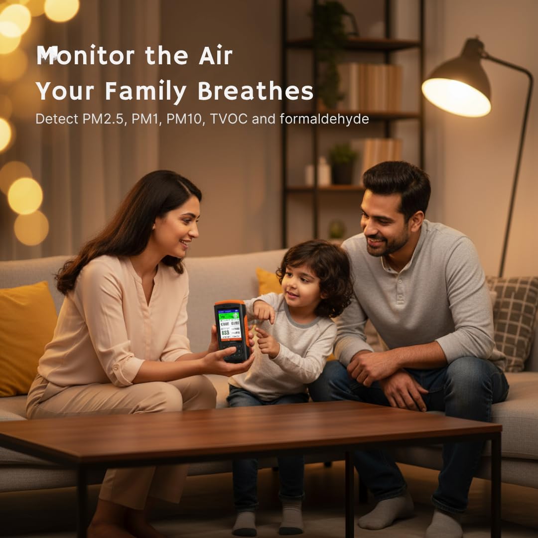 Air Quality Monitor & Pollution Detector – HCHO, TVOC, PM2.5, PM1.0, PM10, AQI, Temperature & Humidity Tester with Color LCD