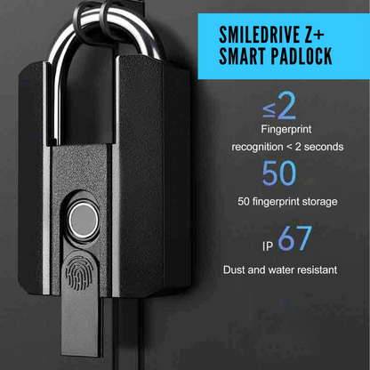 SMILEDRIVE® Z+ Smart Door Lock Fingerprint Padlock for Home with Superfast Unlocking IP67 with 3 Unlocking Mechanisms: Fingerprint, Bluetooth & Keys