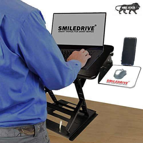 Smiledrive Laptop Standing Desk Table Adjustable Stand Riser for Office Workstation with Mobile Holder Mouse Pad - Made in India Smiledrive.in