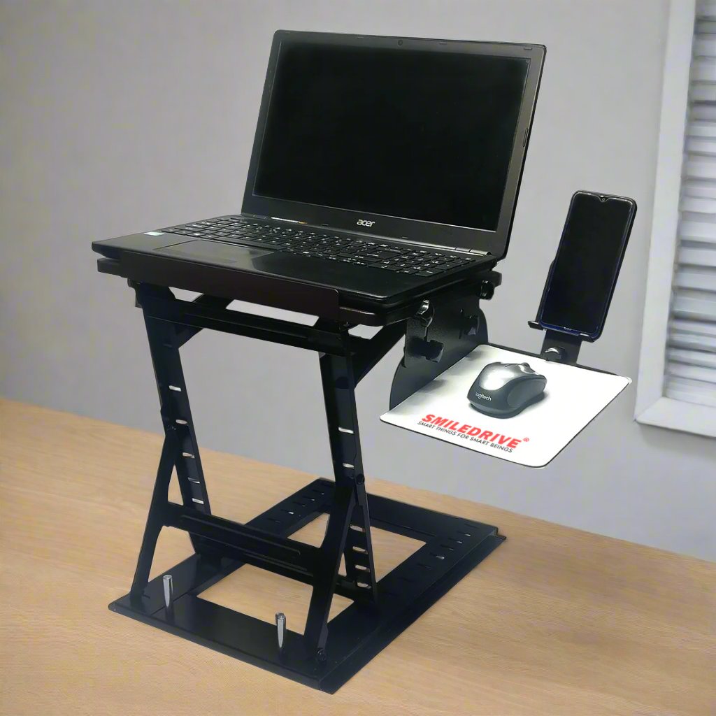 Smiledrive Laptop Standing Desk Table Adjustable Stand Riser for Office Workstation with Mobile Holder Mouse Pad - Made in India Smiledrive.in