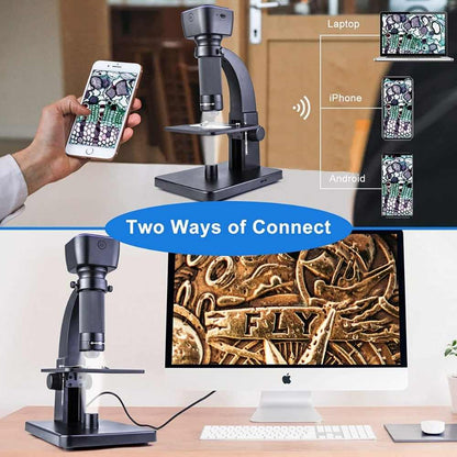 HD Wifi Digital Microscope with 0-2000X Magnification Dual Lens Built in Battery for Office Medical Industrial Use-Wifi Compatible with Android IOS devices & with USB wire for PC