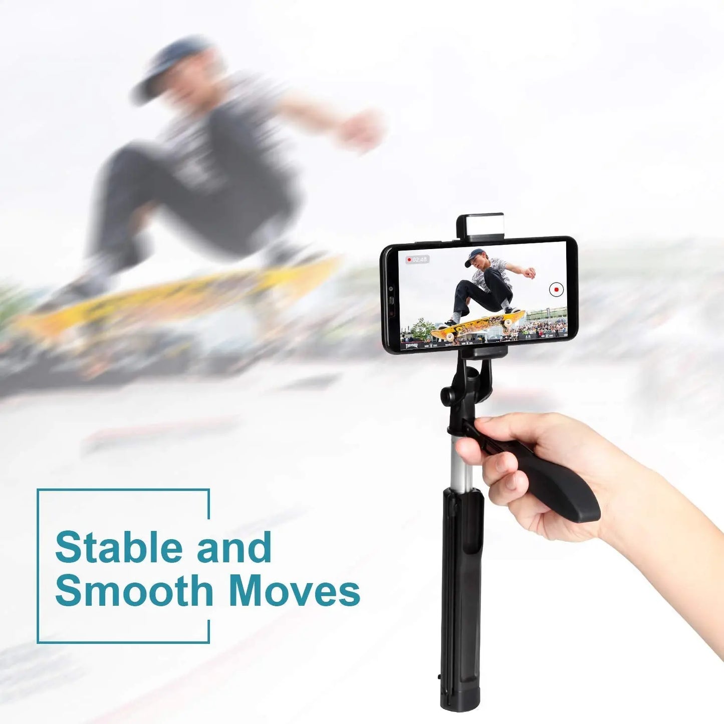 Selfie Stick Gimbal Tripod with Stability Handle built-in LED Flash light and wireless clicker-iOS & Android Phone Compatible Smiledrive