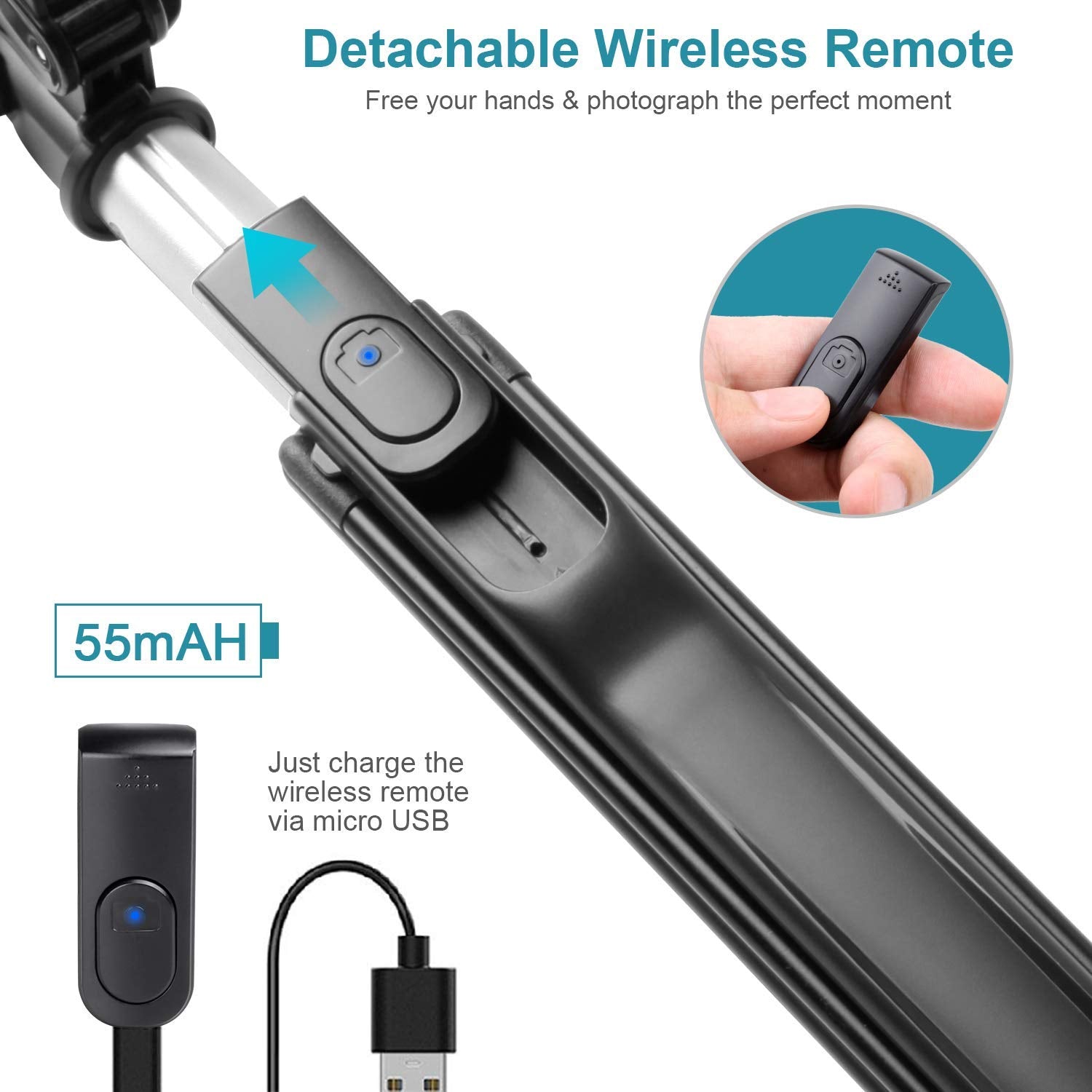 Wireless selfie stick with magnetic flash
